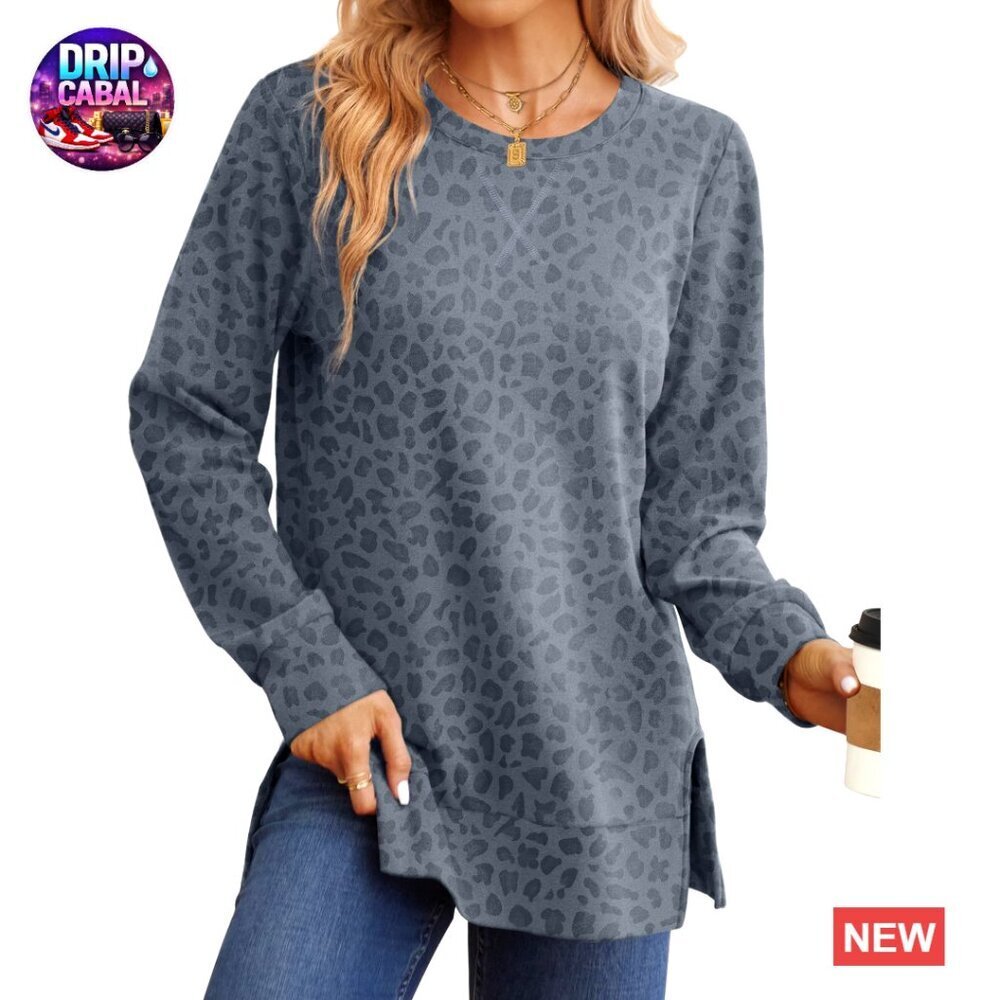 Side Split Hem Sweatshirt Long Sleeve Relaxed Fit Y2K Chic Trending Fashion - Picture 1 of 6